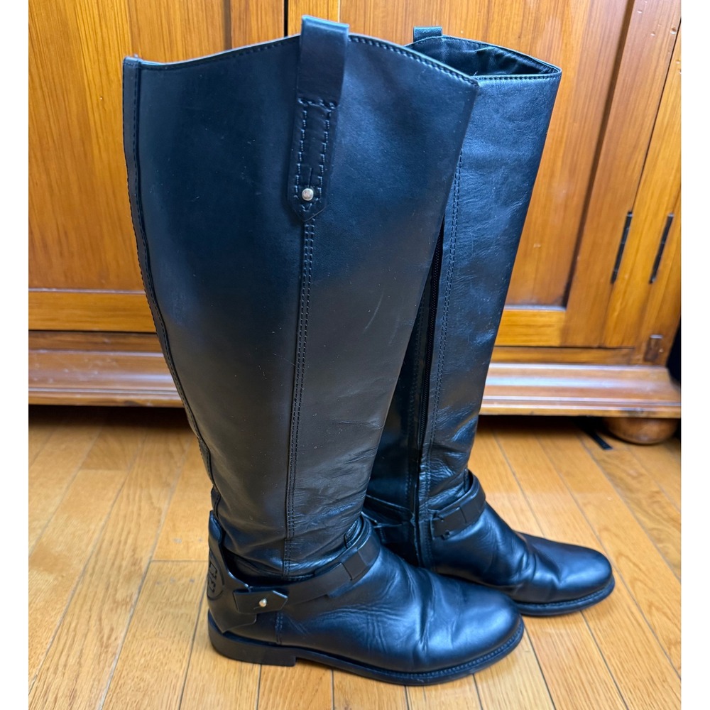 Tory Burch‎ Colton Riding Boot Black Leather Tall Riding Boots Embossed Logo 7M